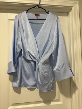 Vince Camuto Light Blue Satin Wrap Blouse with Knot Front - XL